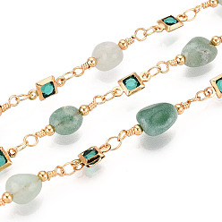 Амазонит Квадратные звенья латунных стеклянных цепей ручной работы, с натуральным амазонитовым чипом для изготовления ожерелий и браслетов, пайки, с катушкой, реальный 18 k позолоченный, ссылка: 19.5~21x6.5~7.5x6.5~7.5 mm, около 16.40 футов (5 м) / рулон