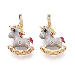 Настоящее золото 18K Подвески из латуни с микропаве из кубических цирконий и эмали, прелести единорога, светло-серый, реальный 18 k позолоченный, 27.5x16.5x8 мм, отверстие : 4 мм, лошадь: 19x16.5x8