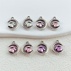 (52) Непрозрачная лаванда Подвески из эмали и сплава, луна с кроличьими талисманами, античное серебро, разноцветные, 13.5x11x4 мм, отверстие : 1.4 мм