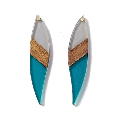 чирок Большие подвески из прозрачной смолы и орехового дерева, лист прелести, зелено-синие, 53x11.5x3 мм, отверстие : 1.8 мм