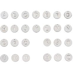 Letter A~Z 304 Edelstahl Reize, flach rund mit Brief, Edelstahl Farbe, Buchstabe a ~ z, 10x1 mm, Loch: 1 mm, 1 PC / Brief, 26 Stück / Karton