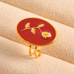 Золотой Регулируемая манжета из нержавеющей стали с эмалированным покрытием, открытые кольца для женщин., овальные с розовым цветком, золотые, 304 мм, внутренний диаметр: 26 мм