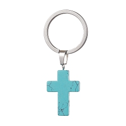 Синтетическая Бирюза Окрашенные синтетические бирюзовые брелки, с 304 кольцами для ключей из нержавеющей стали, крестик, 5.6 см, крест: 37.5x18x5.5 мм