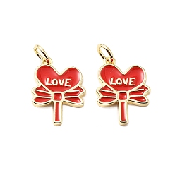 Красный Латунь эмаль подвески, с прыжковых колец, волшебная палочка в форме сердца со словом «любовь», стойки покрытие, реальный 18 k позолоченный, без свинца и без кадмия, долговечный, красные, 15.5x11.5x2 мм, отверстие : 3.3 мм