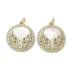 Real 18K Gold Plated Brass Micro Pave Cubic Zirconia Pendants, Cadmium Free & Lead Free, with Shell, Flat Round with Wing Pattern, Real 18K Gold Plated, 22x19.5x3mm, Hole: 3mm