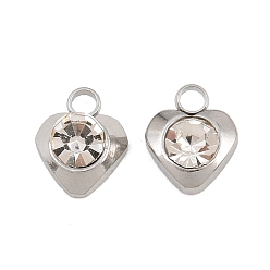Cristal 201 Colgantes del rhinestone del acero inoxidable, encantos del corazón, color acero inoxidable, cristal, 9x7x4 mm, agujero: 2 mm