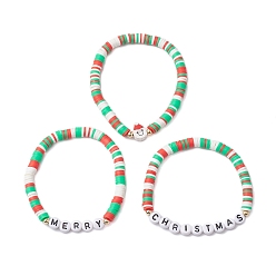 Mixed Color 3Pcs 3 Styles Handmade Polymer Clay Beaded Stretch Bracelet Sets, Word Merry Christmas Acrylic Link Stackable Bracelets for Women, Mixed Color, Inner Diameter: 2 inch(5.2cm), 1pc/style