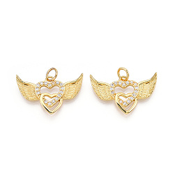 Настоящее золото 18K Латунные микро проложить кубического циркония подвески, без кадмия и без свинца, крыло и сердце, с целью перехода в кольце, реальный 18 k позолоченный, 15.2x24x3 мм, отверстие : 3.2 мм