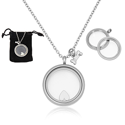 Платиновый & Цвет Нержавейки 304 подвесные из нержавеющей стали ожерелья, Сплав с подвесками, плоско-круглые, платины и нержавеющая сталь цвет, 23.62 дюйм (60 см)