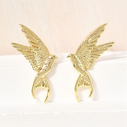 Настоящее золото 18K Женские латунные серьги-гвоздики, серьги, птица, реальный 18 k позолоченный, 38x22.5 мм