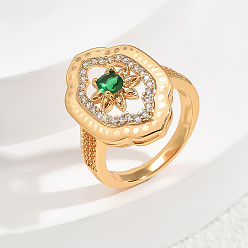 Зеленый Кольца для женщин с микропаве из латуни и кубическими цирконами, цветок, золотые, зелёные, 15x22 мм, размер США 6 (16.5 мм)