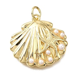 Настоящее золото 18K Подвески из латунного АБС-пластика с жемчугом, подвески в форме ракушки с рисунком морской звезды, с петлей для прыжка, без свинца и без кадмия, стойки покрытие, долговечный, реальный 18 k позолоченный, 20x21x4 мм, отверстие : 3 мм