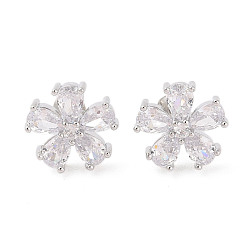 Прозрачный Серьги-гвоздики из латуни с микропаве из кубического циркония, долговечный, цветок, платина, прозрачные, 14x14 мм