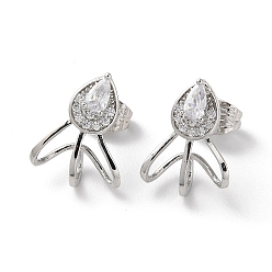 Platinum Brass Rhinestone Stud Earrings, Teaedrop, Platinum, 16.5x12mm