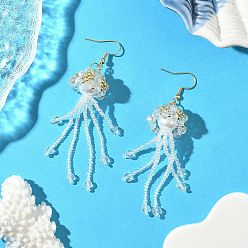 Прозрачный 304 серьги-подвески в форме медузы из стеклянных бусин из нержавеющей стали, со стеклянным жемчугом, золотые, прозрачные, 82x19 мм