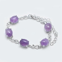Amethyst Natural Amethyst Link Chain Bracelets, with Brass Findings, Real Platinum Plated, Oval and Infinity, 5-3/4 inch~6 inch(14.5~15cm)