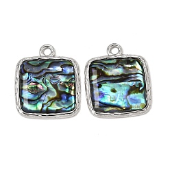 Square 304 Stainless Steel & Natural Paua Shell Pendants, Stainless Steel Color, Square Charm, 30x25.5x4mm, Hole: 3mm