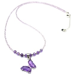 Amethyst Natural Amethyst Alloy Butterfly Pendant Glass Seed Beaded Necklaces for Women, Platinum, 22.44 inch(57cm)