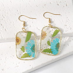 Средний Бирюзовый Прямоугольные серьги-подвески из смолы и сушеных цветов, золотые, средне бирюзовый, 33x24 мм