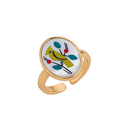 Bird Brass & Shell Cuff Open Rings, Golden, Oval, Bird, 18mm