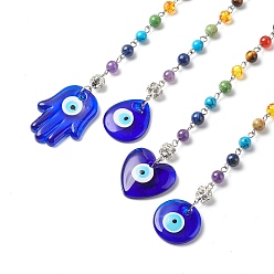 Mixed Color 4Pcs 4 Style Handmade Lampwork Dowsing Pendulum Pendant, with Mixed Gemstone, Heart/Flat Round/Teardrop/Hamsa Hand with Evil Eye, Mixed Color, 271.5mm, 4pcs/set
