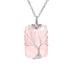 Rose Quartz Natural Rose Quartz Pendant Necklace with Brass Cable Chains, Rectangle with Tree, 20.47 inch(52cm)
