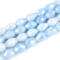 Васильковый Антикоррозийные гальванические стеклянные бусины, имитация драгоценных камней, слеза, с покрытием AB цвета, граненые, два тона, васильковый, 8~8.5x6 мм, отверстие : 1 мм, около 45~46 шт / нитка, 14.57~14.96'' (37~38 см)