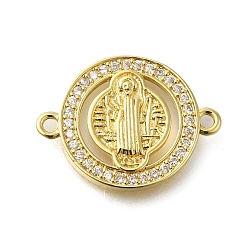 Настоящее золото 18K Стойка покрытие латунь прозрачный кубический цирконий плоский круглый с подвесками-соединителями, без свинца и без кадмия, долговечный, реальный 18 k позолоченный, 16x21x3 мм, отверстие : 1.5 мм