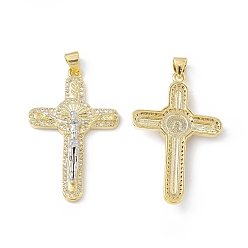 Real Gold Plated & Real Platinum Plated Подвески из экологически чистой латуни, микропейв прозрачный кубический цирконий, долговечный, без свинца и без кадмия, религия распятие крест очарование, настоящее золото 18 покрытое золотом и настоящее платиновое покрытие, 37x23x4.5 мм, отверстие : 4x3 мм
