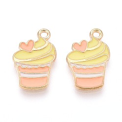 Salmon Alloy Enamel Pendants, Cake with Heart, Golden, Salmon, 18x11.5x1.5mm, Hole: 1.4mm
