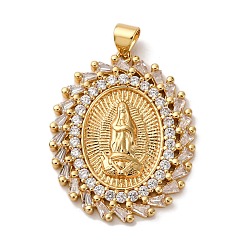Настоящее золото 18K Латунные микропаве прозрачные подвески с фианитом, овал с подвесками Девы Марии, стойки покрытие, прочное покрытие, без кадмия и без свинца, реальный 18 k позолоченный, 32x25.5x2.5 мм, отверстие : 3.5x4.5 мм