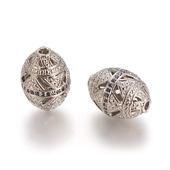 Platinum Brass Micro Pave Black Cubic Zirconia Beads, Long-Lasting Plated, Hollow, Rice, Platinum, 15x11mm, Hole: 1.8mm