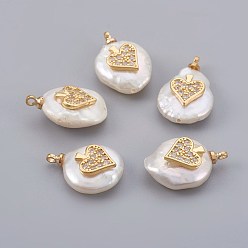 Настоящее золото 18K Подвески из натурального пресноводного жемчуга, с кубического циркония и латуни выводов, долговечный, сердце, реальный 18 k позолоченный, 14~21x9~16x5~9 мм, отверстие : 1.5 мм