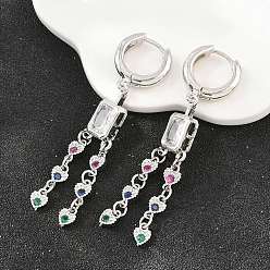 Platine Boucles d'oreilles chandelier en laiton avec micro pavé de zircons cubiques, rectangle, boucles d'oreilles créoles pour femmes, sans plomb et sans cadmium, crémaillère plaquage, plaqué longue durée, platine, 57x11mm