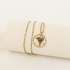 Pink Ожерелья с плоским круглым кулоном из сплава и пластика с внутренним цветком, золотые, розовые, 17.72 дюйм (45 см)