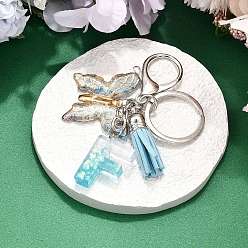 Letter F 26шт. брелок с кисточкой из прозрачной эпоксидной смолы, прозрачного акрила и искусственной замши, с кольцами для ключей из сплава, с цепочками и застежками-лобстерами, бабочка, Буква F, 95~108 мм