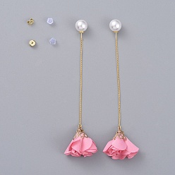 Pink Stud Earrings, with Flower Shape Handmade Cloth Pendant, Brass Ear Threads and Acrylic Imitation Pearl Ear Nuts, Pink, 102mm, Pin: 0.8mm