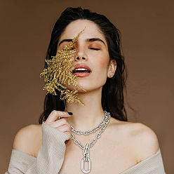 Платина Овальный кулон из пластика CCB, двухслойные ожерелья из сплава кабеля и цепи для женщин, платина, 14.57~17.72 дюйм (37~45 см), 2 шт / комплект