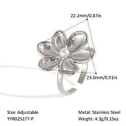 Нержавеющая Сталь Цвет 304 Кольцо-манжета из нержавеющей стали в виде цветка для женщин, с имитацией жемчуга, цвет нержавеющей стали, внутренний диаметр: регулируемый