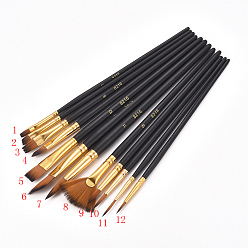 Schwarz Holzgriff Pinsel gesetzt, für Aquarell-Ölgemälde, Schwarz, 28.4x12.5x1 cm, 12pcs / set
