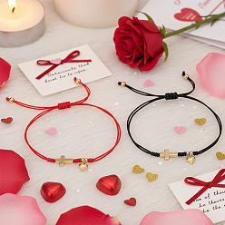 (52) Непрозрачная лаванда 2Двухслойные парные браслеты из латуни с объемным сердечком и крестиком, Регулируемые браслеты из плетеной нейлоновой нити для женщин и мужчин, разноцветные, 11.02 дюйм (28 см)