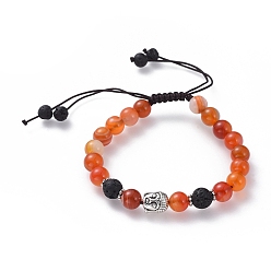 Orange Braided Bead Bracelets, with Antique Silver Plated Alloy Findings, Nylon Thread, Natural Striped Agate and Lava Rock Beads, Buddha, Orange, 2-1/8 inch(5.5cm)