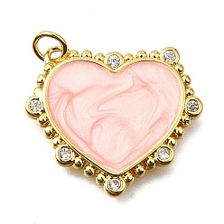 Розовый Латунные микропроволочные кубические циркониевые подвески из эмали, сердце, с целью перехода в кольце, без свинца и без кадмия, реальный 18 k позолоченный, стойки покрытие, прочное покрытие, туманная роза, 20.5x24x2.5 мм, отверстие : 3 мм