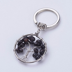 (946F)Морозный цвет внутри  Жонкиль / Непрозрачная зеленая подкладка Брелок из натурального черного агата, с железными брелками и латунью, плоские круглые с дерева жизни, окрашенные, 65~67 мм, 36x29x5~8 мм