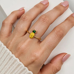 Ананас Регулируемые 304 эмалированные манжеты из нержавеющей стали для женщин, ионное покрытие (ip), без кадмия, без никеля и без свинца, золотые, ананас, 14.5x8 мм, размер США 7 1/4 (17.5 мм)