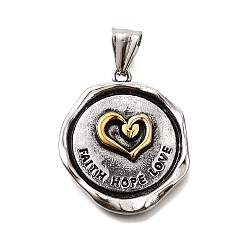 Античный Серебристый & Золотой 304 подвески из нержавеющей стали, плоский круглый с сердцем и словом вера надежда любовь, старинное серебро & золотой, 32.5x27x3.5 мм, отверстие : 9x4.5 мм