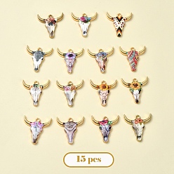 Mixed Color 15Pcs 15 Styles Zinc Alloy Enamel Pendants, Light Gold, Ox-Head Shape with Flower Pattern, Mixed Color, 22x21x2.5mm, Hole: 1.8~2mm, 1pc/style