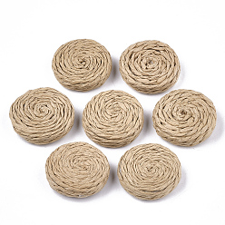Цвет Древесины Обвязанные бусины ручной работы, бумажная имитация рафии, покрытая деревом, нет отверстий / незавершенного, плоско-круглые, деревесиные, 25~28x7~8 мм
