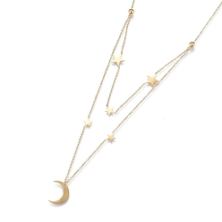 Golden 304 Stainless Steel Double Layer Necklaces, with Cable Chains and Round Beads, Star with Moon, Golden, 17.8 inch(45.2cm)