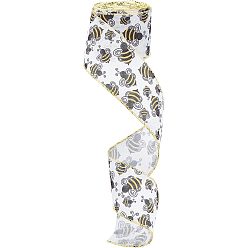 White Polyester Ribbon, Single Face Sunflower Bees Paragraph Pattern, for Gift Wrapping, Floral Bows Crafts Decoration, White, 2-1/2 inch(65mm), 10yard/roll(9.14m/roll)